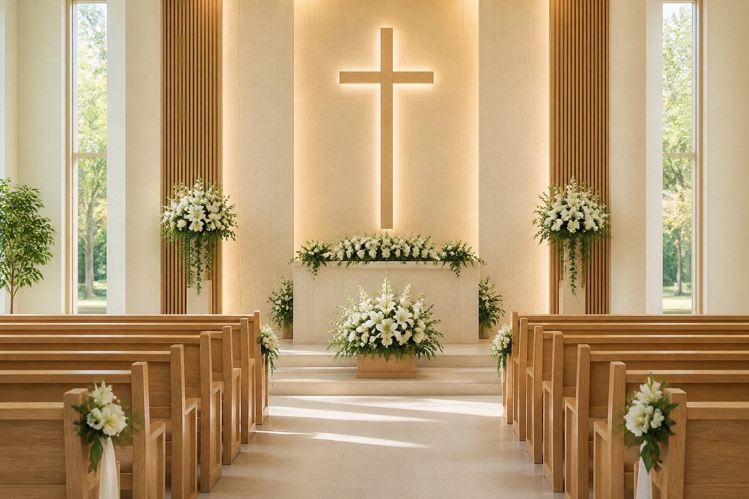 Peaceful Christian funeral chapel with a central illuminated cross, white flowers and guest seating