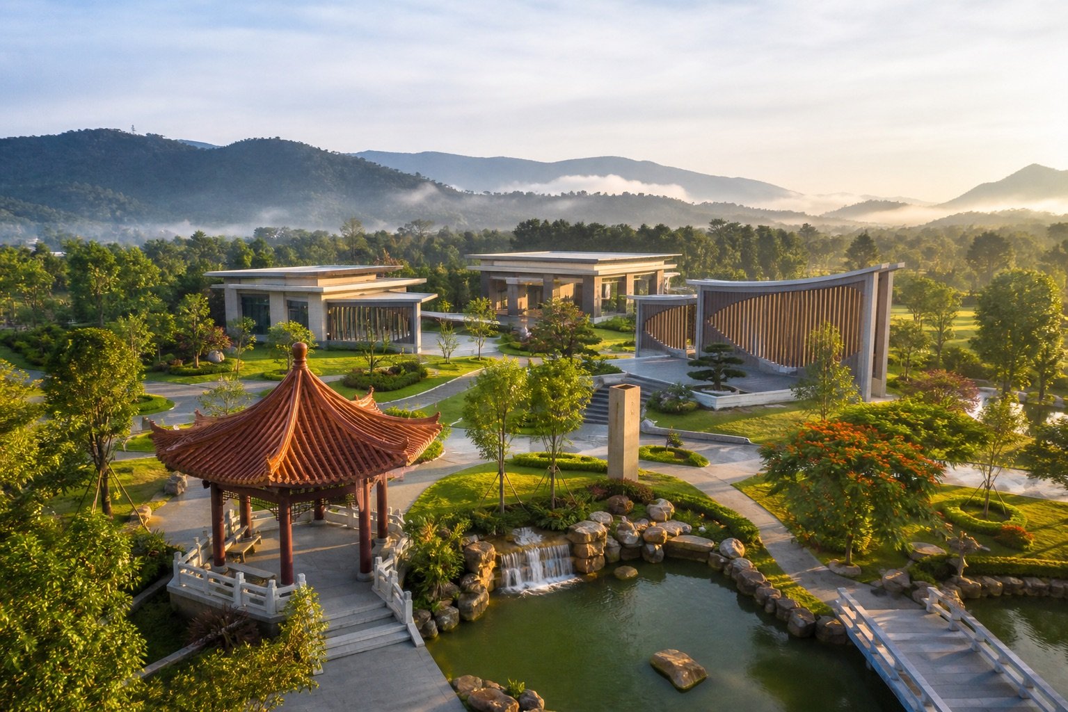 Expansive Malaysian memorial park with gardens and a Chinese pavilion