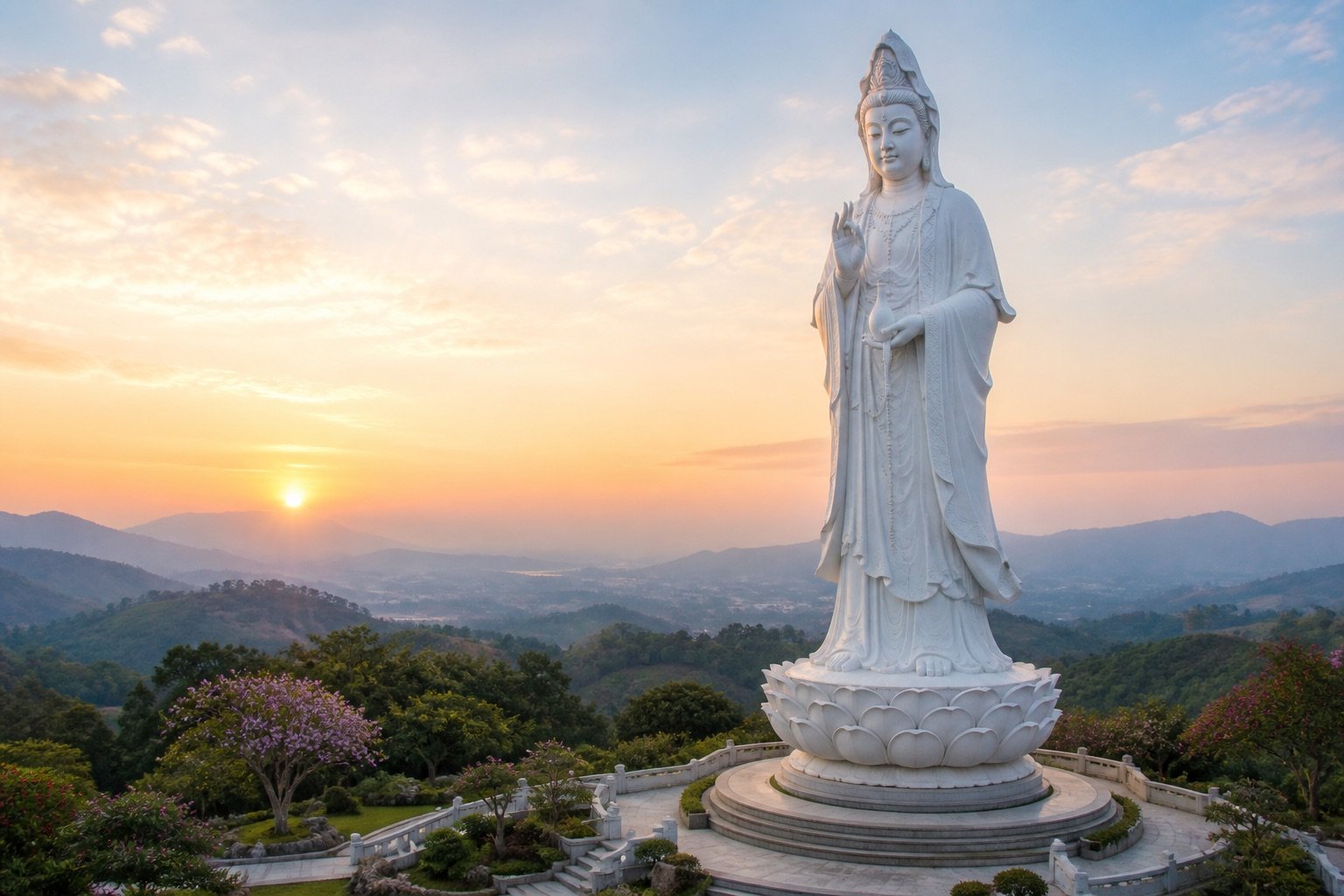 Full Guanyin statue overlooking a serene Melaka memorial landscape