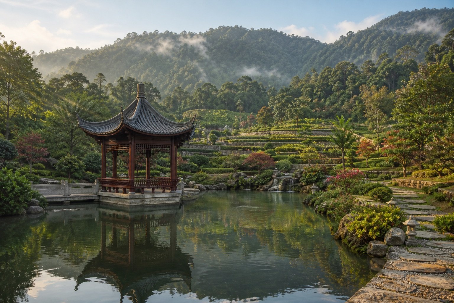 Tranquil Semenyih memorial garden with pavilion and forested hills