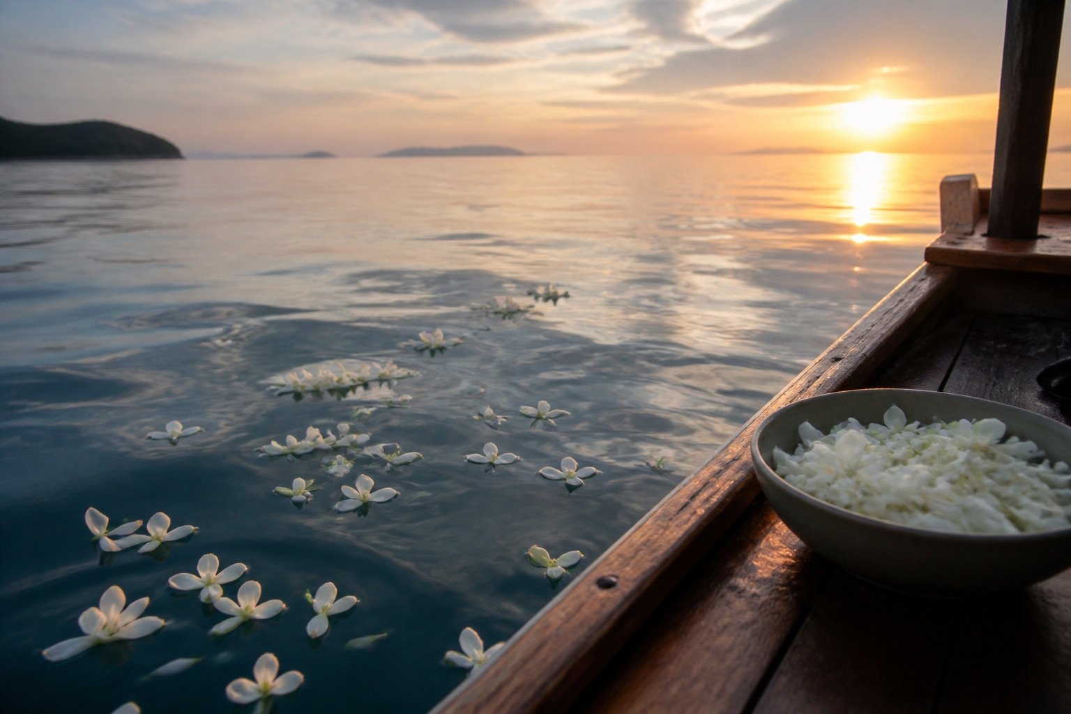 White flower petals drifting on calm sea water beside a boat at sunrise