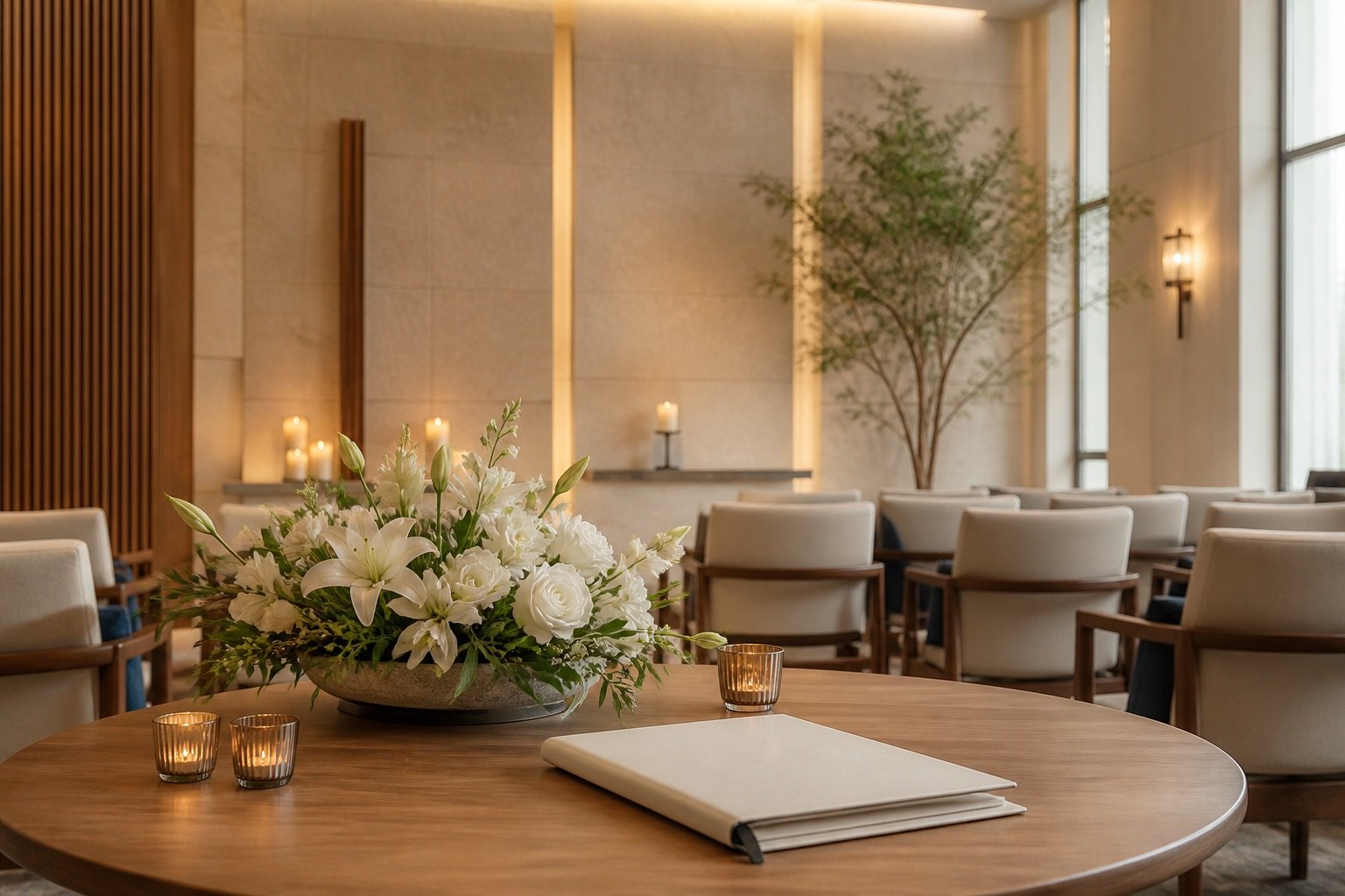 Contemporary memorial service hall prepared with white flowers