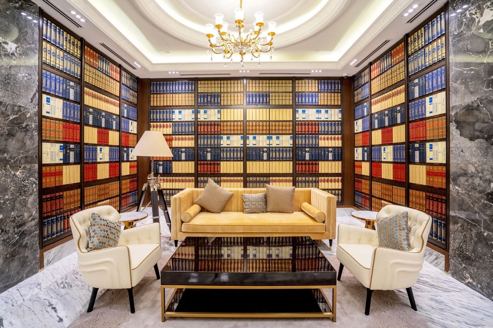 Rhyme of Life library-themed memorial interior with book-inspired niche façades