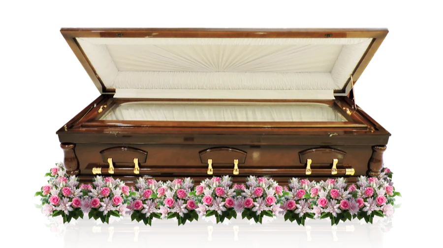 NV Elegant casket example with pink floral arrangement