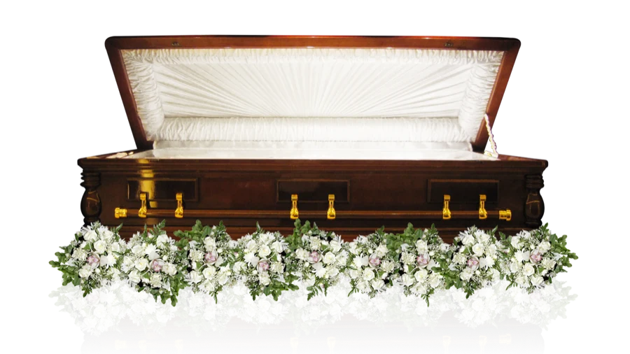 NV Honour casket example with white floral arrangement