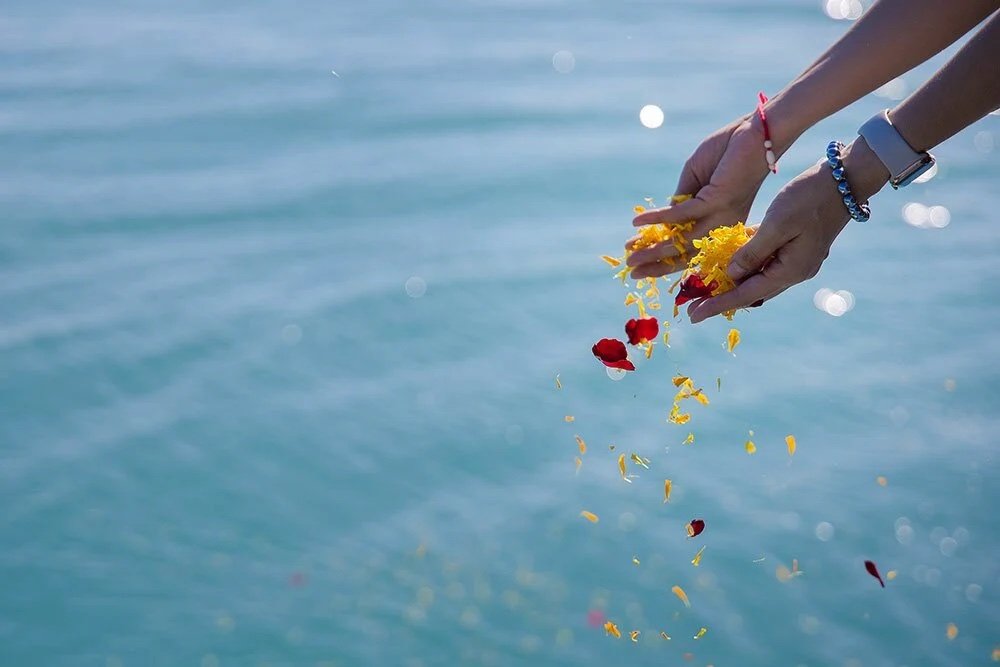 Hands releasing red and yellow flower petals over the sea during a memorial farewell